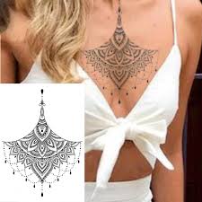 The dark mehendi design for the v=chest for an adoring woman. 1 Piece Sexy Chest Back Or Sternum Body Classic Henna Lotus Flower Waterproof Temporary Tattoo Body Art Buy Temporary Tattoo Sticker Henna Body Art Stickers Product On Alibaba Com