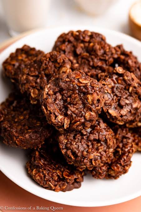 Chocolate Peanut Butter No-Bake Cookies stacked on a plate