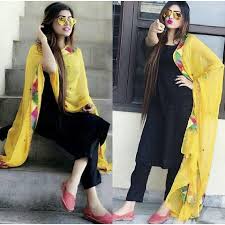 Black And Yellow Suit Girls New Cotton Black Color Straight Suit With Yellow Dupatta Black Pakistani Dress Fashion Black Punjabi Suit