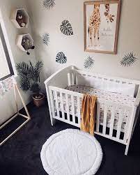 Such A Cute Little Nursery Room I Especially Like The Giraffe Wall Print As If It Is Talking To Baby Boy Room Nursery Nursery Baby Room Baby Nursery Decor
