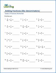 Several types of questions help you assess your students' mastery of adding and subtracting fractions.4.nf.3. Grade 3 Math Worksheet Adding Fractions With Like Denominators K5 Learning
