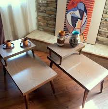 Mid Century Modern End Tables Vintage 1960s 2 Tier Lamp Tables Simple Mod Living Room Furniture Step Up Lamp Tiered Side Table Pair Geometric Living Room Modern End Tables Mod Living Room