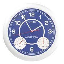 Analog wall clock with aluminum frame in silver color for office, living room, classroom, bedroom. Vwr Thermometer Humidity Wall Clock Vwr