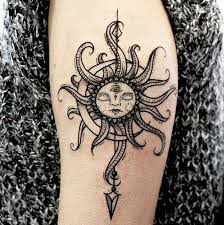 Tattoo Sun And Moon With Arrow Upper Arm Tattoos Trendy Tattoos Sun Tattoos