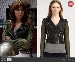 Kitty S Leather Jacket With Green Sleeves On Elementary Leather Jacket Fashion Tv Jackets