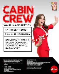 On the job training will be provided. Airasia Philippines Cabin Crew Walk In Application Manila September 2019 Better Aviation