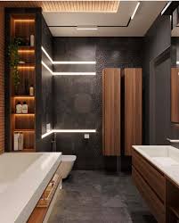 Contemporary Bathroom With Dark Brown Wood With Black Wall Interior Bathroom Design Master Bathroom Design Bathroom Interior Design Modern Bathroom Design