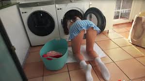 Skinny teen brunette stuck in a washing machine was fucked by her  stepbrother in pussy