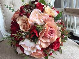The bridesmaids carried simplified versions of hannah's bouquet. Vintage Peach Blush Pink And Red Silk Wedding Bouquet Made Red Bouquet Wedding Bridal Bouquet Pink Bridal Bouquet