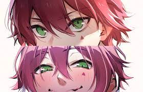 dt.calico, alec (isekai trip), isekai trip saki de tasukete kureta no wa  hitogoroshi no shounen deshita, highres, 1boy, blush, green eyes, looking  at viewer, male focus, marking on cheek, red hair, smile -