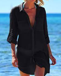 Women Beach Cover Up Button Down Pocket Shirts Sunscreen Bikini Swimsuit Blouse Cover Up Women Tunic Tops Sleeve Swimsuit