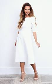 White 3 4 Sleeve Dress Silkfred Modest White Dress White Dress Outfit Midi Dress With Sleeves