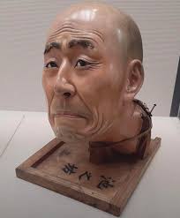 This life-sized doll head was created by the puppeteer Matsumoto Kisaburo  in 1871 for the Record of Miraculous Events at the Thirty-Three Sacred  Sites of the Western Provinces (Saigoku Sanjūsansho Reigenki). It