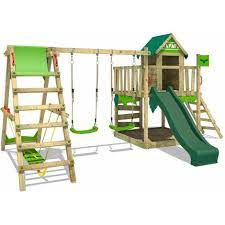 Aire de jeu enfant bois. Fatmoose Aire De Jeux Portique Bois Jazzyjungle Avec Balancoire Surfswing Et Toboggan Vert Maison Enfant Exterieur