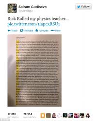 Never gonna give you up. Student Rickrolls His Physics Teacher Inserting Lyrics Into Paper On Quantum Mechanics Daily Mail Online