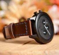UXD Personalized Mens Minimalist Dark Face Multi-Function Chronograph Round  Wooden Watch with Premium Leather Band