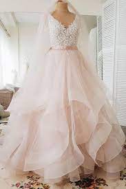 Ball Gown Light Pink Lace High Low Tiered Skirt Fluffy Wedding Prom Dresses Formal Dress Ld1634 Pink Wedding Dresses Wedding Dresses Blush Bridal Dresses Lace