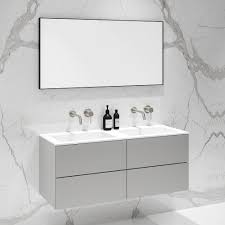 Thanks to the shadow gap between the panel and body, the vanity units appear very lightweight and this effect is further highlighted by the narrow, chic aluminium handles. Grey Double Vanity Unit Wall Mounted Grey Vanity Unit