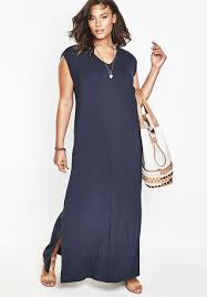 A T Shirt Dress To Wear Everywhere Relaxed Silhouette V Neck Extended Cap Sleeves Bust Darts Side Slits H Knit Shirt Dress Plus Size Dresses Maxi Shirt Dress