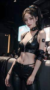 Eine Nahaufnahme einer Frau in einem Lederoutfit, die für ein Foto posiert  - SeaArt AI