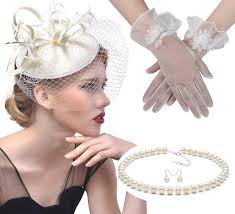 Gionforsy Pillbox Fascinator Veil Feather Derby Hat Lace Gloves Pearl  Necklace, Style 1-black, One Size : Amazon.in: Jewellery