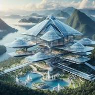 Quantum Castles by CoPilot These breathtaking, futuristic castles defy gravity as they float majestically over lush mountains. Each castle, crafted entirely from sleek, shimmering glass, boasts a design that seamlessly blends cutting-edge