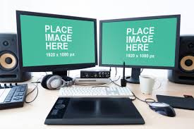 Multi devices responsive screen pack mockup. Free Mockup Dual Monitor Setup