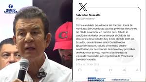 El candidato a la presidencia del Partido Liberal, Salvador Nasralla,  felicitó este lunes al presidente de Ecuador, Daniel Noboa, por su victoria  en la segunda vuelta electoral del domingo que le permitió