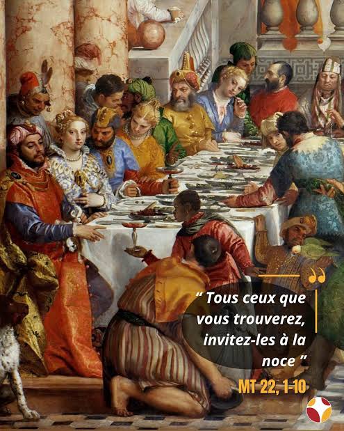 🕯📖Tout est prêt pour la fête. Mais les invités refusent de venir. Le roi  envoie alors ses serviteurs sur les chemins : « 𝑇𝑜𝑢𝑠 𝑐𝑒𝑢𝑥 𝑞𝑢𝑒 𝑣𝑜𝑢𝑠  𝑡𝑟𝑜𝑢𝑣𝑒𝑟𝑒𝑧, 𝑖𝑛𝑣𝑖𝑡𝑒𝑧-𝑙𝑒𝑠 𝑎̀ 𝑙𝑎 𝑛𝑜𝑐𝑒. »