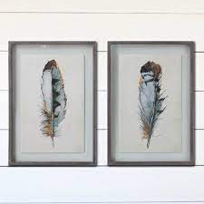 Wood Framed Feather Wall Decor Set Of 2 Feather Wall Decor Farmhouse Wall Art Frame Wall Decor