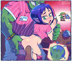 1girls 2boys artist logo bent over table big ass blue hair blush bombchu  lady fingering ganondorf green eyes green skin hi res link majora's mask  pointy ears pussy pussy