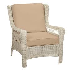 Hampton Bay Park Meadows Off White Wicker Outdoor Patio Lounge Chair With Sunbrella Beige Tan Cushions H125 01574700 The Home Depot In 2020 Patio Lounge Chairs White Wicker Patio Lounge