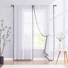 Texture curtain are not only for protection but also can add a decorative element to your space. Amazon Com Treatmentex Sheer White Curtains With Black Pom Pom Curtains 84 Long Linen Textured Look Decorative Window Drapes Navy 52 W 1pair Home Kitchen
