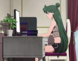 Setsuna, at her computer, in her underwear. She's just like us. :  r sailormoon