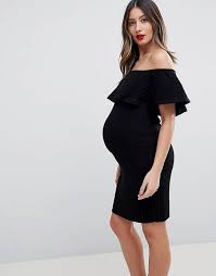 Asos Maternity Off Shoulder Dress In Chunky Rib With Frill Off Shoulder Maternity Dress Cocktail Dress Maternity Maternity Mini Dresses