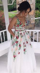 Princess V Neck Floral Embroidery Long Prom Dress Floral Prom Dresses Prom Dresses Long Lace White Prom Dress