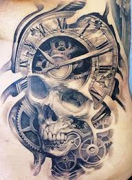 The color theme is basic, but the artwork is one of a kind. Watch And Skull Bio Mechanical Tattoo Design