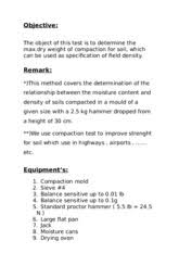 Lab report for compacting factor test; Compaction Test Objective The Object Of This Test Is To Determine The Max Dry Weight Of Compaction For Soil Which Can Be Used As Specification Of Course Hero