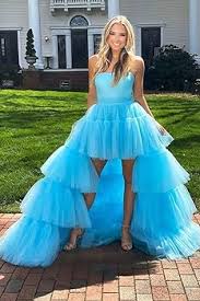 Amazon.com: Strapless Tulle Long Prom Dresses Tiered Long for Women High  Low Formal Evening Gowns : Clothing, Shoes & Jewelry
