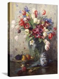Display this artwork in your living area above a vintage camelback sofa and a faux fur rug to complement the wall decor. Spring Flowers And Ginger Jar Stretched Canvas Print Fernand Toussaint Art Com
