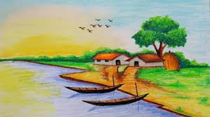 Pencil Colour Village Scenery Drawing Novocom Top How to draw a house, draw a easy trick a beautiful purple moonlight scenery drawing oil pastel tutorial step by step.