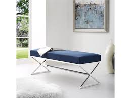 Dark blue tufted fabric storage bench this upholstered bench serves as storage this upholstered bench serves as storage as well as a design element in your home. Clay Blue Velvet Upholstered Bench Stainless Steel Legs Chrome Tone Living Room Entryway Bedroom Inspired Home Newegg Com