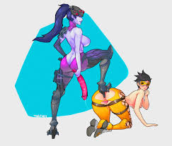 tentacle monster chu, tracer (overwatch), widowmaker (overwatch),  overwatch, overwatch 1, highres, 2girls, anal, anal object insertion, ass,  bodysuit, breasts, brown hair, butt crack, colored skin, crotchless, dildo,  gaping, goggles, hand on own