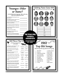 After guests fill in answers to the quizzes, the birthday guest of honor will attempt to provide the correct answers from memory. 1961 Birthday Trivia Game 1961 Fun Games Birthday Parties Etsy Trivia Games Celebrity Name Game Trivia
