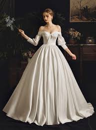 Long, short, two piece, ball gowns, high low, plus size and more style dresses here. Simple White Ball Gown Satin Off The Shoulder Long Sleeve Wedding Dress White Ball Gowns Wedding Dresses Satin Ball Gown Wedding Dress