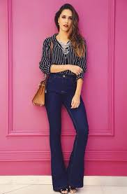 Calça Jeans Flare Cintura Alta Azul Escuro Pin De Nicolai Reinke Em Outfits Calca Flare Calca Jeans Flare Looks Com Calca Flare