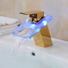 Waterfall bathroom light faucets see all 2032 products in waterfall bathroom light faucets. Color Changing Led Waterfall Gold Finish Bathroom Sink Faucet With Glass Spout