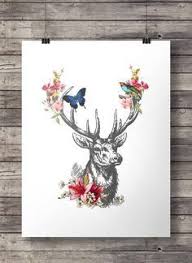 Black And White Deer Printable Black And White Deer With Color Watercolor Deer Printable Art Floral Printables