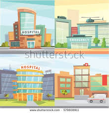 Set Hospital Building Cartoon Modern Vector Illustration Medical Clinic And City Background Emergency Room Exteri Building Illustration Hospital City Cartoon