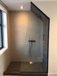 Gorgeously Designed Angled Glass Walk In Shower With No Door Shower Design Glass Shower Doors Small Bathroom